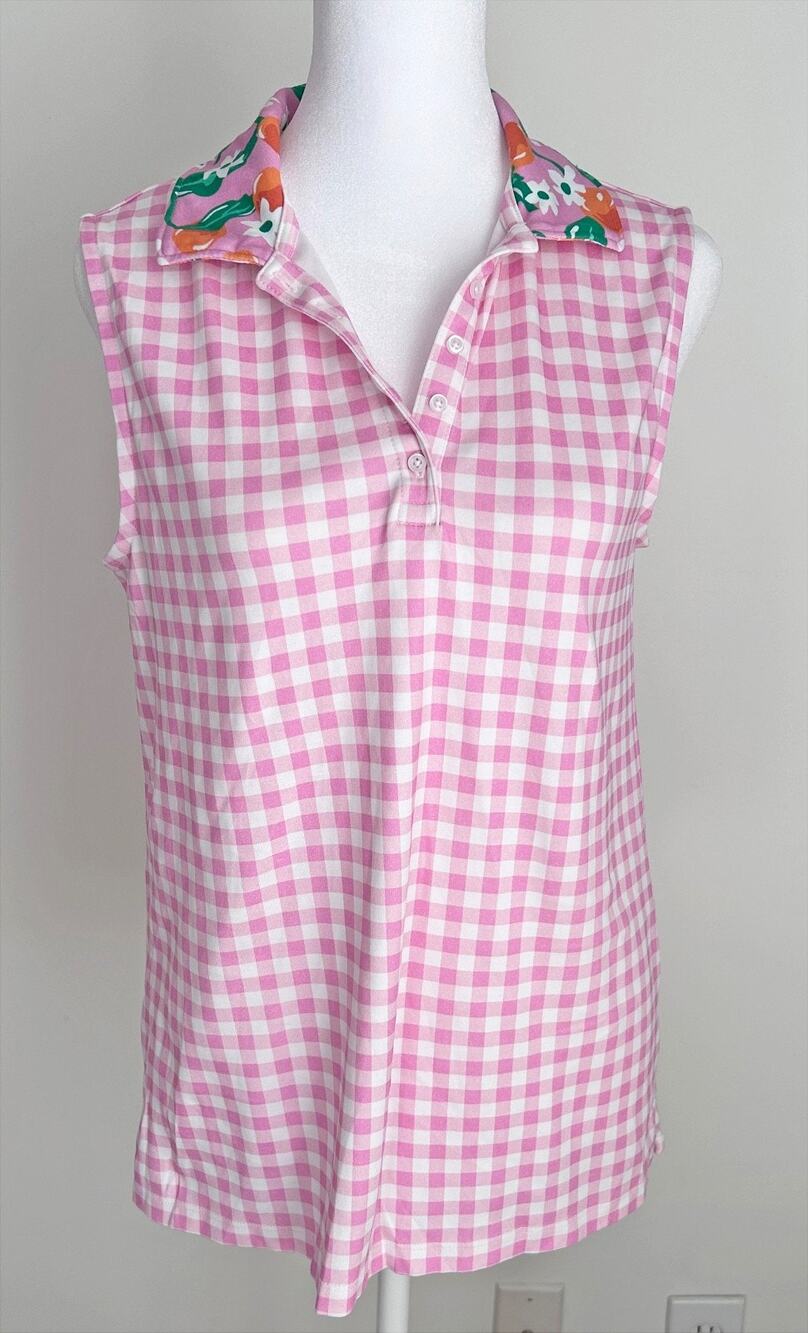 Draper James Land's End Sleeveless Collared Polo Top, Pink & White Gingham, S